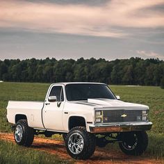 a white truck parked on top of a dirt road next to a lush green field