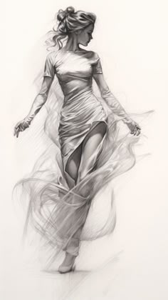 a drawing of a woman in a dress with long hair and flowing fabric on her body