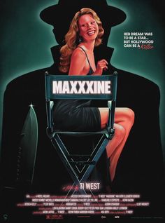 a movie poster for the film maxxiine with a woman sitting in a chair