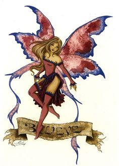 a drawing of a fairy holding a banner