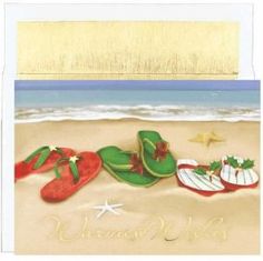 a beach scene with flip flops and starfish on the sand, greeting card