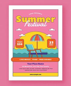 the summer festival flyer is displayed on a pink background with an image of a beach chair and umbrella