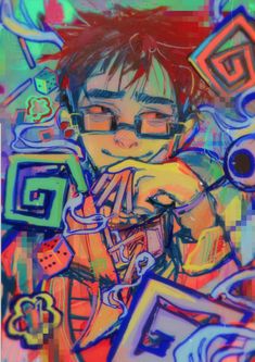 a drawing of a boy with glasses and various objects around him