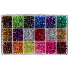 various colors of beads in a plastic container