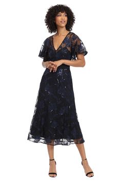 Meet Cardene, the dreamiest dress for fall. We adore her sequin embroidered lace overlay and flutter sleeves! Mother Of The Groom Blue Dresses, Navy Blue Mother Of The Bride Dress Tea Length, Wedding Guest Dresses For Women Over 50, Fall Cocktail Dress Wedding Guest, Floral Midi Dress Wedding, Short Fall Dresses, Wedding Guest Cocktail Dress, Navy Party Dress, Missy Dresses