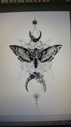 a computer screen with a drawing of a moth on it's face and an upside down crescent