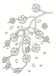 an ink drawing of a branch with flowers and leaves in the branches, on white paper