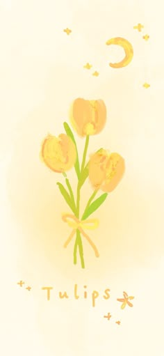 three yellow tulips with the moon in the background