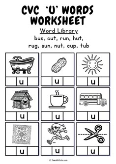 cvc u words worksheet with pictures