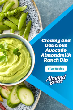 a bowl of creamy and delicious avocado almond milk ranch dip on a plate