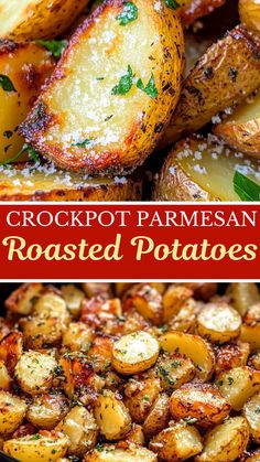 Slow Cooker & Crockpot Recipes: Crockpot Parmesan Roasted Potatoes (Christmas Recipe & Thanksgiving Recipe) Thanksgiving Potatoes Crock Pot, Crock Pot Garlic Potatoes, Potato Side Dish Crockpot, Slow Cooker Parmesan Potatoes, Garlic Potatoes In Crockpot, Roasted Potatoes And Carrots Crockpot, Potatoes Thanksgiving Recipes, Cooking Baked Potatoes In Crockpot, Potato Recipe Thanksgiving