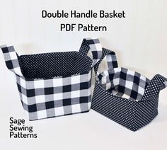 two baskets with black and white checkered fabric, one has a handle for handles