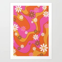 an orange and pink abstract painting with flowers