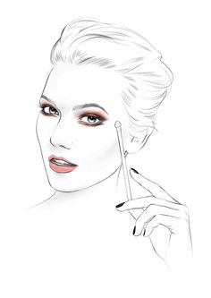 a drawing of a woman's face with makeup brushes in her hand