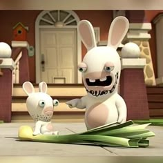 an animated rabbit and her baby sit on the ground in front of a house with stairs