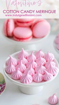 valentine's day cotton candy meringue recipe on a white plate with pink marshmallows in the background