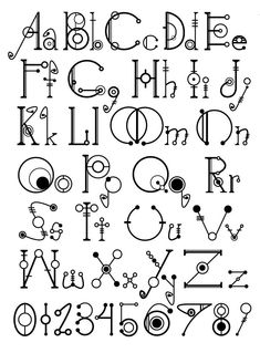 an old fashioned alphabet with numbers and symbols on it, all in different styles or shapes