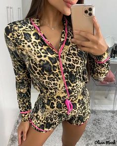 Color: Leopard, Size: L Comfortable Pajamas, Chic Type, Print Pajamas, Cozy Sweatshirts, Cotton Wool, Long Sleeve Pyjamas, Online Fashion Stores, Pajama Sets, Bold Fashion