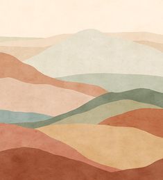 an abstract landscape with hills and valleys painted in shades of red, green, blue, beige