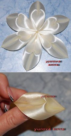 two pictures showing how to make an ornament out of satin ribbon and paper flowers