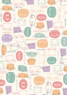 a pattern with cats and speech bubbles on the side, as well as words that spell out