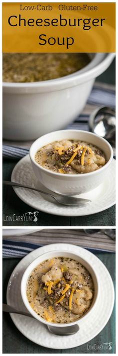 two pictures of cheeseburger soup in white bowls