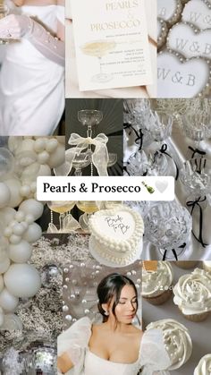 pearls and prosceco collage with wedding cake, bride dress, champagne