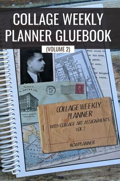 the college weekly planner is on top of a wooden table with an old map and postcard