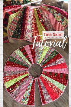 the tree skirt is made with red and green fabrics