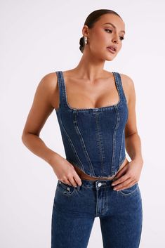 Wear with everything. The BIANCA is a corset top with functional tie-up back detail for creating that 'It girl' hourglass figure. It also features a curved hem to flatter your form, and a square neckline perfect for revealing just enough skin. For added texture, this top is designed with vertical seam details and an exposed zipper. Jean Corset Top Outfit, Jeans Corset Top, Denim Corset Outfit, Jean Corset Top, Stagecoach Outfits, Jeans Corset, Corset Top Outfit, Texas Trip, Reuse Ideas