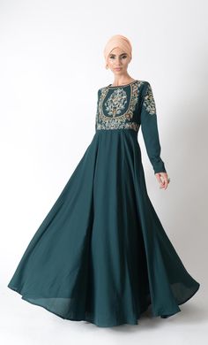 Featuring a traditional modest wear abaya dress in polyester moss crepe fabric adorned with floral thread, dabka and zardozi applique work on the front bodice and sleeves. It is slightly fitted around the waist for fit and flared look to an ensemble along with pleated panels all over the flared bottom skirt.FIT : Relaxed fit.COMPOSITION : Polyester moss crepe.CARE : Dry clean only. Matching Abaya color plain hijab 20" x 70" included Festive Long Sleeve Thobe With Floral Embroidery, Eid Long Sleeve Abaya With Intricate Embroidery, Eid Long Georgette Abaya, Long Georgette Abaya For Eid, Long Sleeve Abaya With Intricate Embroidery For Eid, Eid Thobe With Intricate Embroidery, Eid Thobe With Intricate Embroidery Long Sleeve, Modest Floral Embroidered Abaya For Eid, Anarkali Maxi Dress With Embroidery