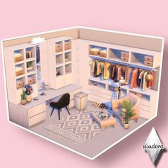 an image of a living room with clothes on shelves