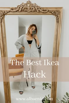 a woman taking a selfie in front of a mirror with the words, the best ikea hack