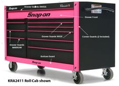 a pink and black toolbox with wheels labeled snap - on in the bottom right corner