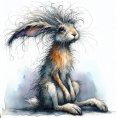 a drawing of a brown and white rabbit sitting on the ground with its hair blowing in the wind