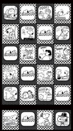 a black and white poster with many different cartoon characters on it's squares,