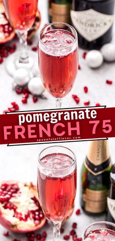 pomegranate french 75 cocktail recipe in two glasses