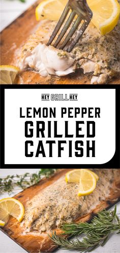 lemon pepper grilled catfish on a cutting board with a knife and fork in it