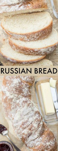 bread and butter on a table with the words russian bread written in white above it