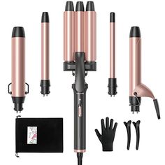 Wavytalk 5 in 1 Curling Iron Set with Three Barrel Curling Iron and 4 Interchangeable Ceramic Fast Heating Wand Curling Iron, Dual Voltage Hair Waver (Rose Gold) Three Barrel Curls, Three Barrel Curling Iron, Argan Oil Hair Mask, Barrel Curls, Medium Curls