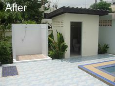 before and after photos of a pool house with tiled floors, walls, and roof