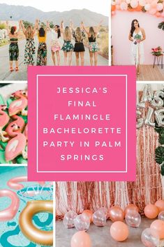 a collage of photos with the words fiesta's final flamingle bachelor party in palm springs