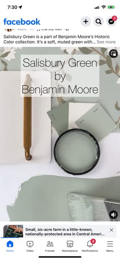 an image of some paint samples on a table with the words salisbury green by benjamin moore