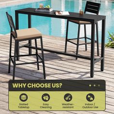 a table with two chairs and a pool in the background that says, why choose us?