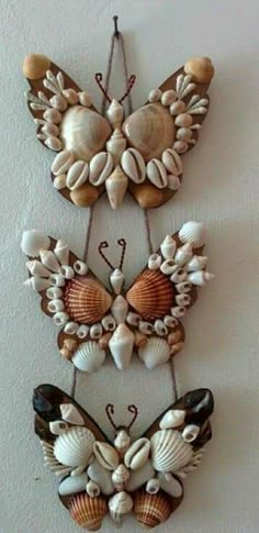 two butterflies made out of seashells hanging on a wall