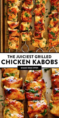 grilled chicken kabobs on a baking sheet with text overlay