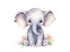 an elephant is sitting on the ground with flowers around it's feet and ears