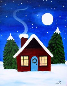 a painting of a red house in the snow with trees on it and a full moon