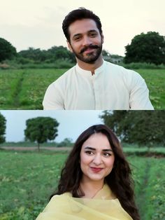 two different shots of a man and woman in the same photo, one is smiling at the camera