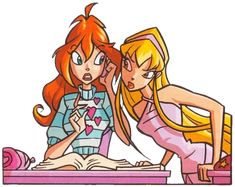 two cartoon girls looking at an open book